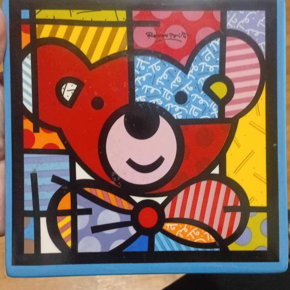 Romero Britto Teddy Bear Ceramic Trivet Pop Art Wall Hanging 6" 2008 Retired